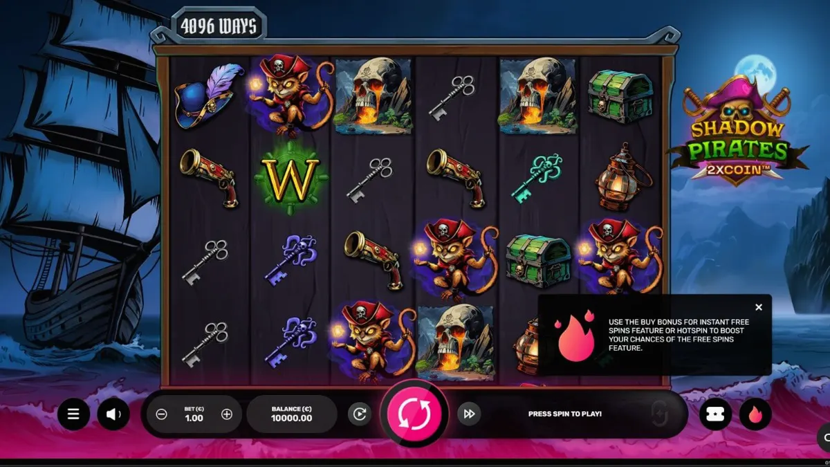 Shadow Pirates slot game interface with ghostly pirate theme