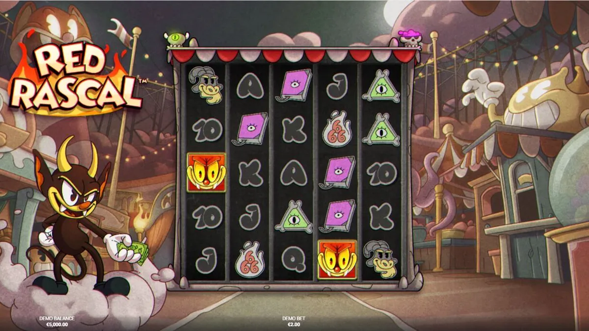 Tampilan visual slot Red Rascal dengan tema karnaval horor dan karakter devil